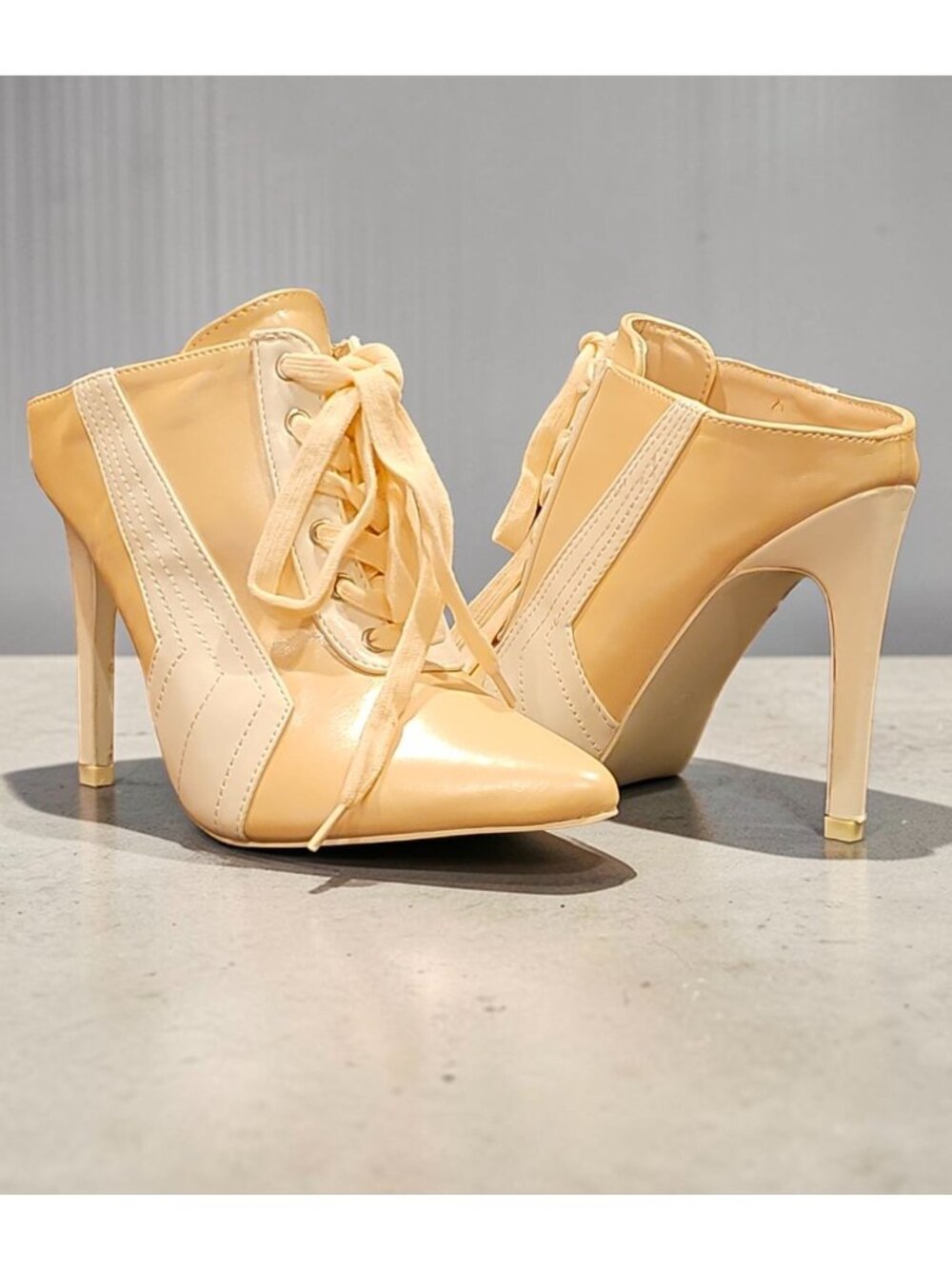 Nude Lace-Up Stiletto Mule Heels With Pointed Toe For Women